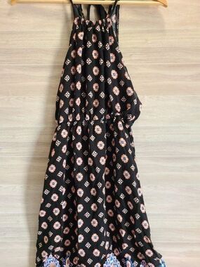 Boho Floral Maxi Dress Black Multicolor Halter Sleeveless Flowy Size L
